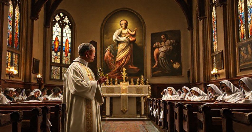 Sacred Healing: The True Catholic Vision of Healthcare Traditional Catholic priest administering Last Rites to patients in a hospital ward with sacred art depicting Christ the Divine Physician.