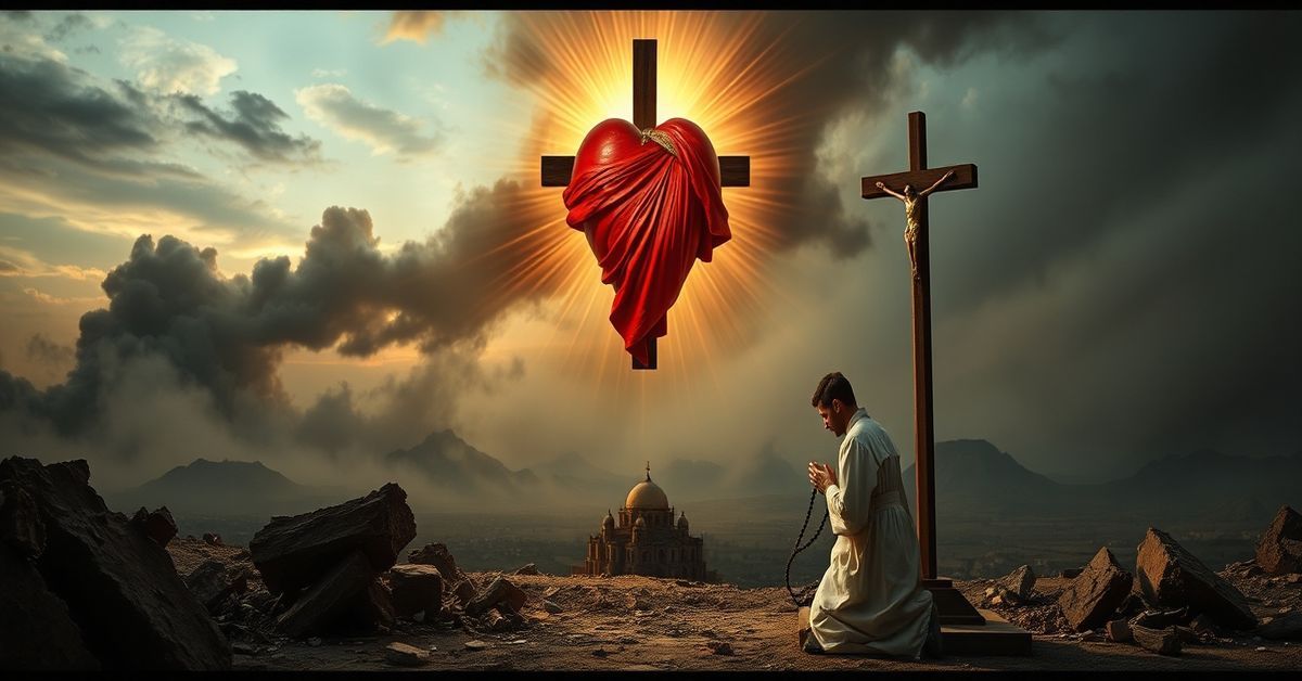 Priest praying amidst war-torn landscape with Sacred Heart of Jesus symbolizing Christ's kingship over nations
