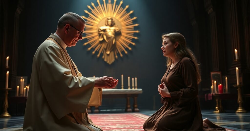 A Traditional Catholic priest and a layperson praying with Sacred Heart badges in an ornate chapel, emphasizing sacramental devotion without superstition.