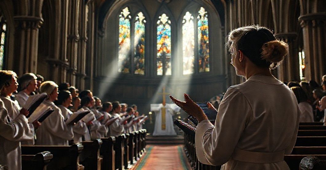 A Catholic church interior with Gregorian chant choir and priest contrasting with a neuroscientist symbolizing the reduction of sacred music to brain therapy.