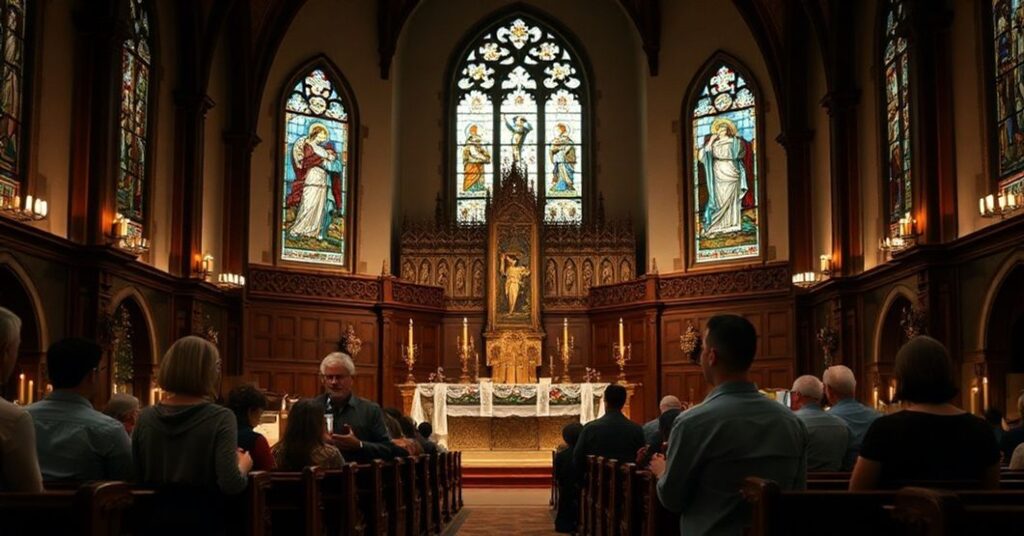 A reverent Catholic family kneeling in prayer at a traditional high altar in a solemn church interior.