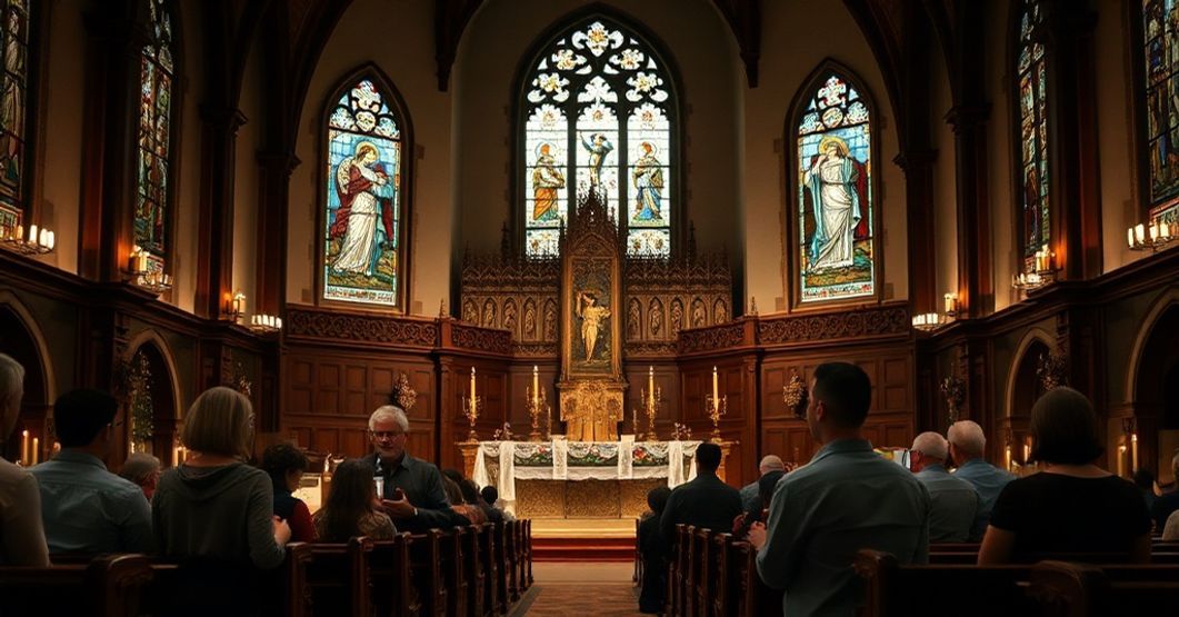 A reverent Catholic family kneeling in prayer at a traditional high altar in a solemn church interior.