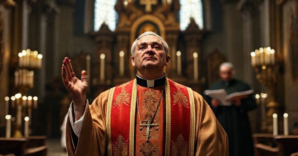 Traditional Catholic priest in prayer before an altar, contrasting with modernist distortions of priesthood.