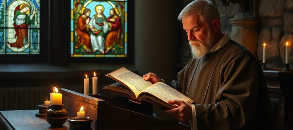 A Catholic scholar studying ancient New Testament manuscripts in a serene monastic scriptorium with divine inspiration symbolized by stained glass.