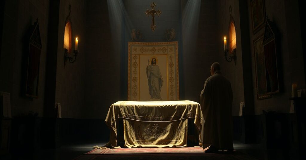 A priest in traditional vestments kneeling in prayer before the Shroud of Turin in a dimly lit chapel.