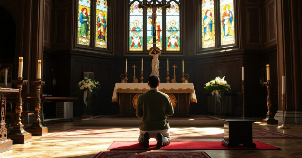 A Catholic student in prayer before a traditional altar at Fordham University's chapel, symbolizing the conflict between faith and secular academic trends.
