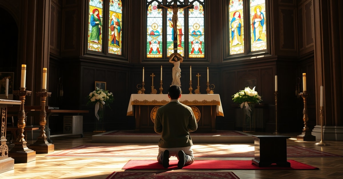 A Catholic student in prayer before a traditional altar at Fordham University's chapel, symbolizing the conflict between faith and secular academic trends.