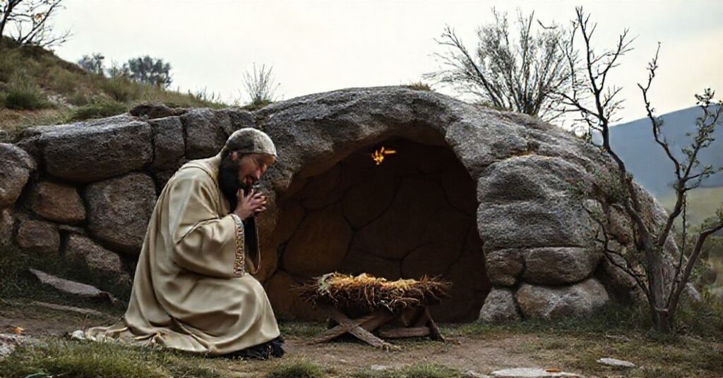 St. Alphonsus Liguori in prayer at Deliceto grotto contrasted with modern subversion of Catholic tradition by Luciano Lamonarca and 'Pope' Leo XIV.