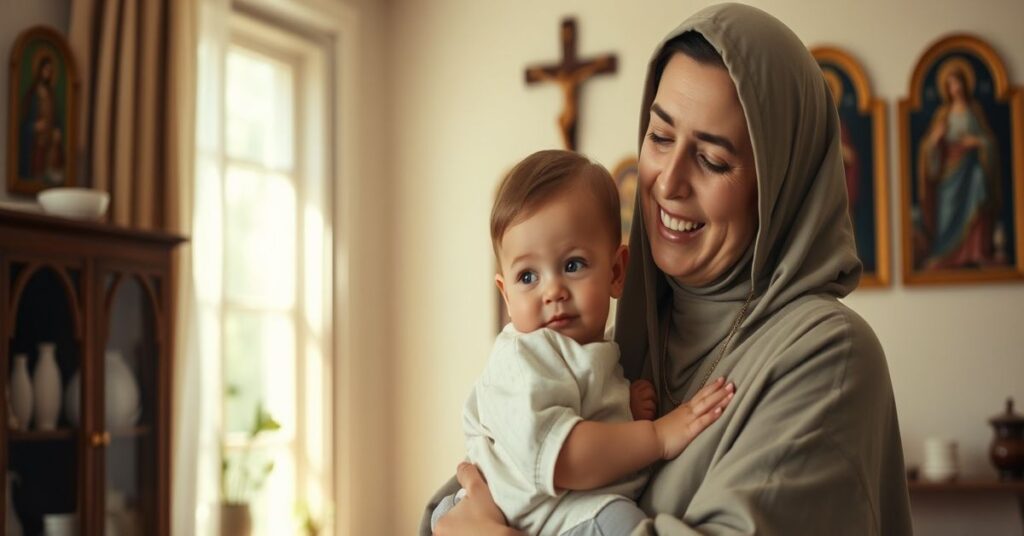 A traditional Catholic mother holding her child in a serene home setting with sacred images and crucifix.