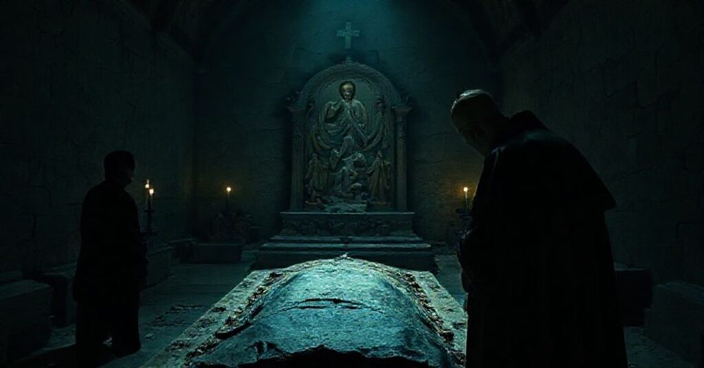 A somber scene in the Vatican Necropolis depicting Chris Pratt and an antipope near St. Peter's tomb, highlighting sacrilegious distortion of Catholic tradition.