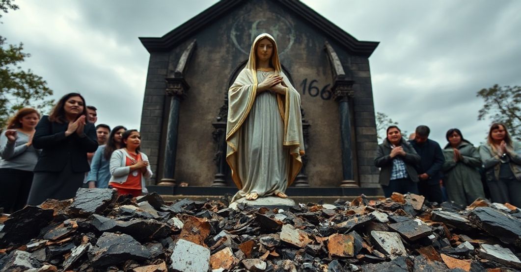 A solemn image depicting the aftermath of sacrilege in Argentina with a vandalized statue of Our Lady of Luján and a charred chapel bearing Satanic graffiti.