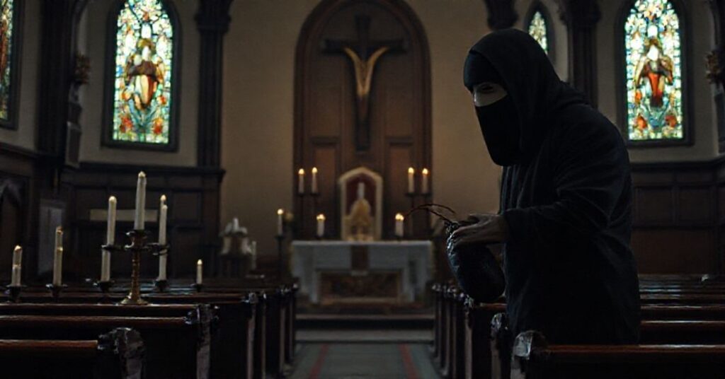 A traditional Catholic church interior with an altar and crucifix, contrasted by a masked figure planting a fake bomb, symbolizing the gravity of sacrilege and blasphemy.