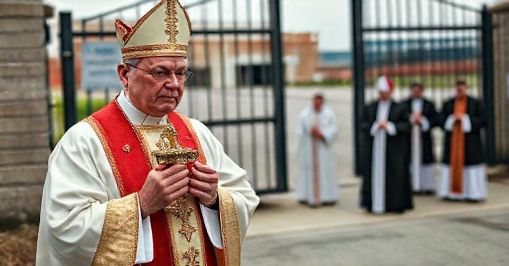 Traditional Catholic priest holding the Blessed Sacrament outside an ICE facility in Broadview, Illinois.