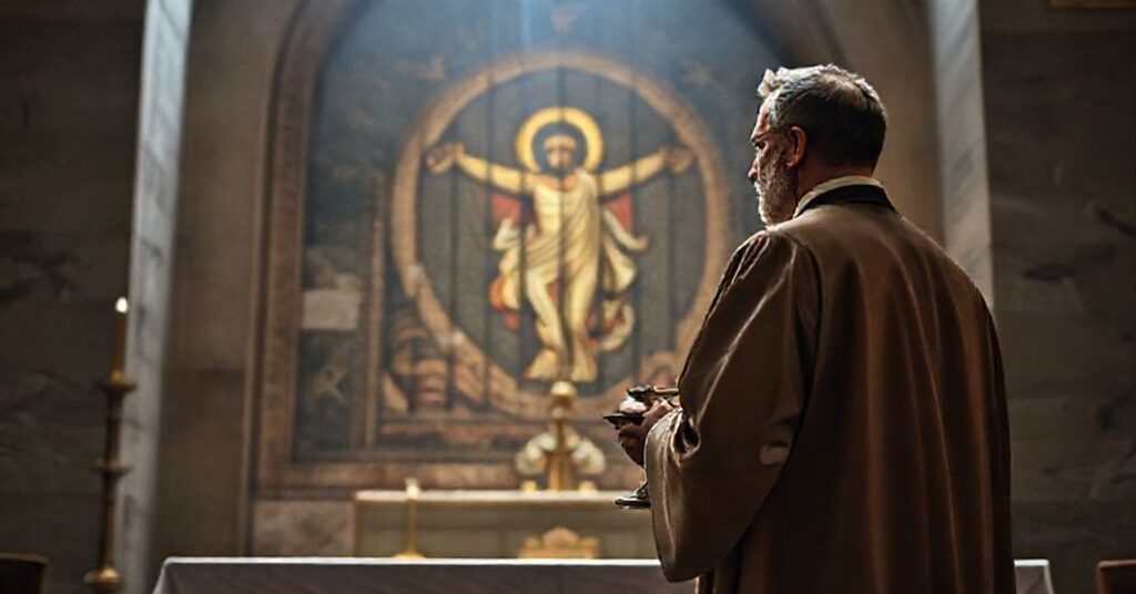 A traditionally dressed sede vacante priest stands before a defaced mosaic in a solemn church interior, symbolizing the need for purification from modernist corruption.