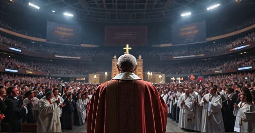 Traditional Catholic priest in sorrowful prayer before empty tabernacle as modernist Eucharistic procession unfolds in Lucas Oil Stadium.