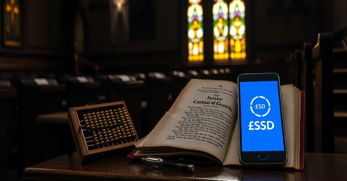 Traditional Catholic church interior with symbolic contrast between ancient texts and modern smartphone displaying 'Catholic USD' logo.