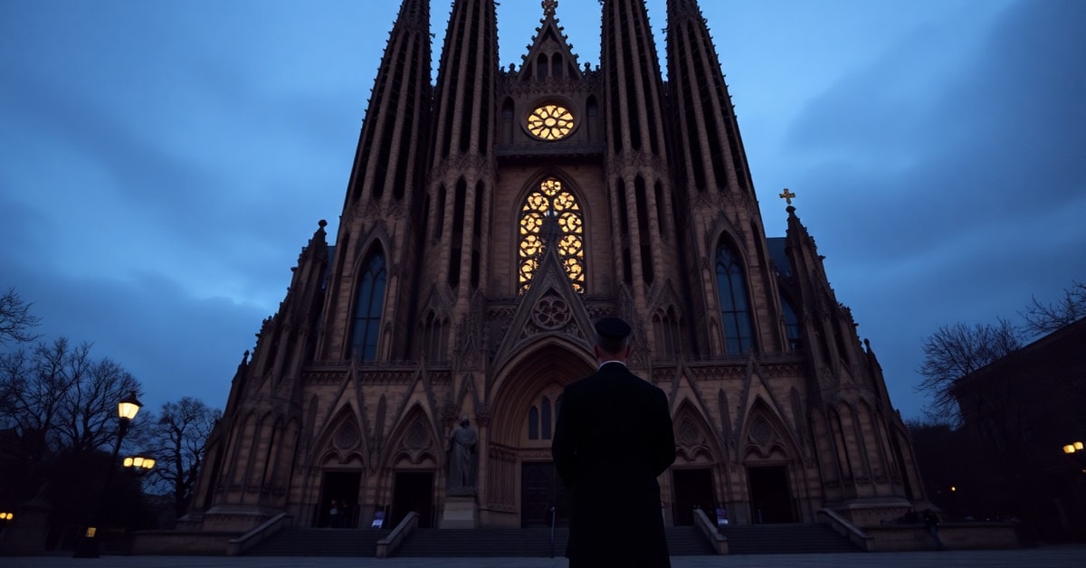 A somber image of the Sagrada Familia basilica at dusk, reflecting on the theological confusion and apostasy within the conciliar church.