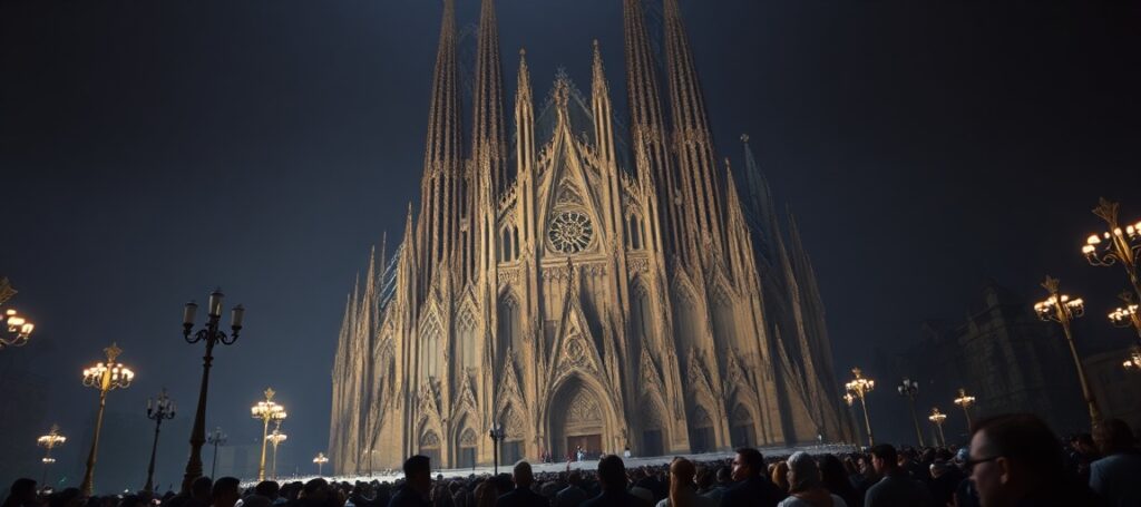 A solemn depiction of the Sagrada Família Basilica in Barcelona during a false 'Mass' led by the antipope Leo XIV, highlighting modernist apostasy in Catholic architecture.