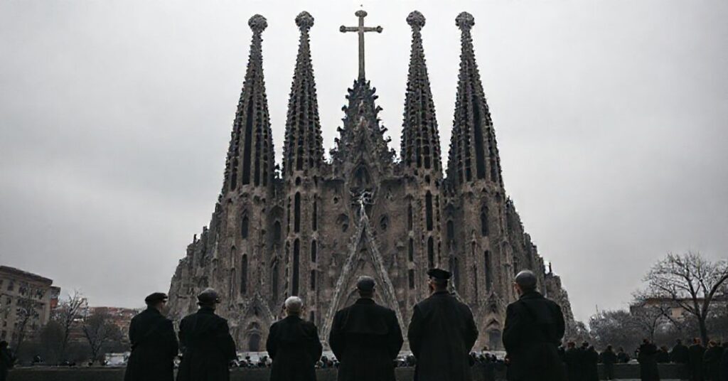 A solemn photograph of the Basilica of the Sagrada Família in Barcelona, Spain, with its central tower dominating the skyline. Traditional Catholics stand in prayer in the foreground, reflecting on the spiritual desolation of the modernist monument.