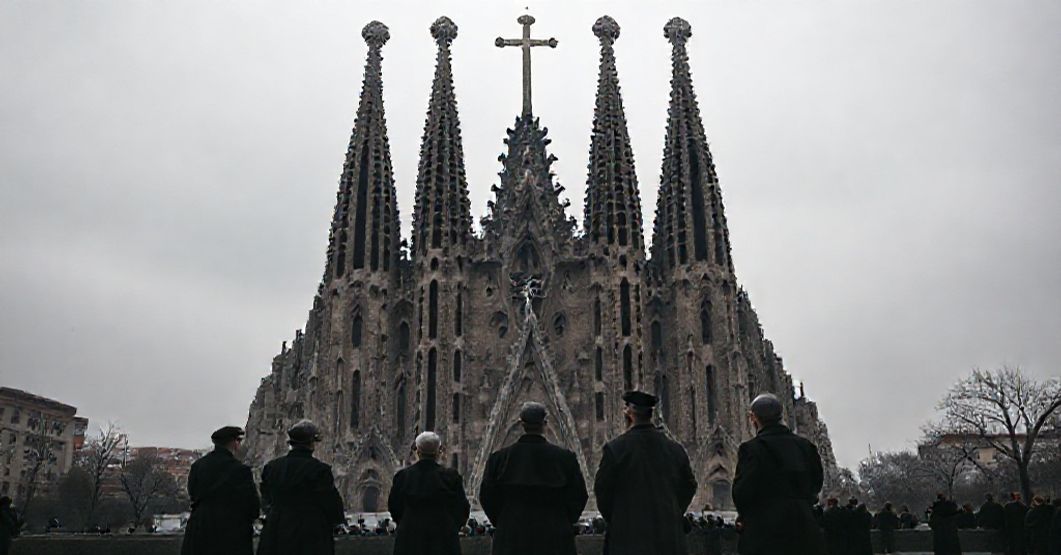 A solemn photograph of the Basilica of the Sagrada Família in Barcelona, Spain, with its central tower dominating the skyline. Traditional Catholics stand in prayer in the foreground, reflecting on the spiritual desolation of the modernist monument.