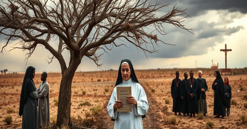 A solemn Catholic scene depicting the tragic contrast between the supernatural reign of Christ the King and the humanistic work of the John Paul II Foundation for the Sahel.