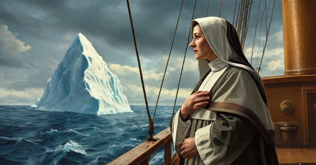 Saint Frances Xavier Cabrini standing resolutely on a 19th-century ship deck, gazing at an iceberg with serene trust in Divine Providence