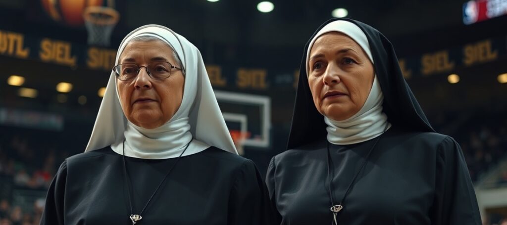Salesian Sisters in traditional habits standing solemnly in contrast to a blurred basketball arena background, symbolizing the profanation of religious life through secular entertainment.