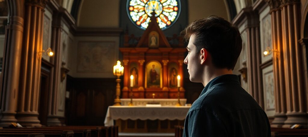 A traditional Catholic church with a sanctuary lamp burning before the tabernacle, symbolizing the Real Presence of Christ in the Eucharist.