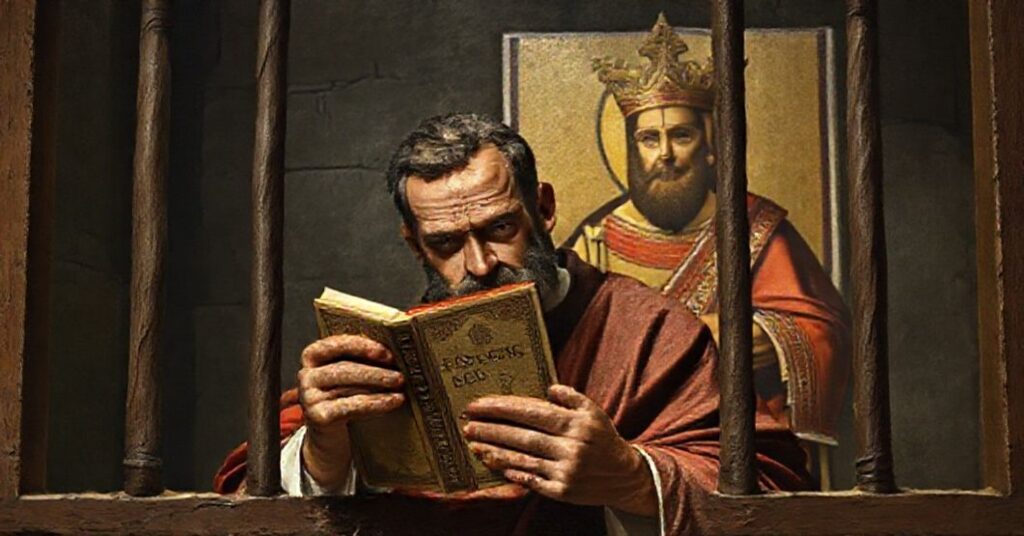 A Catholic depiction of a disgraced political figure in prison holding a historical Jesus book, contrasted with an image of Christ the King in royal regalia.