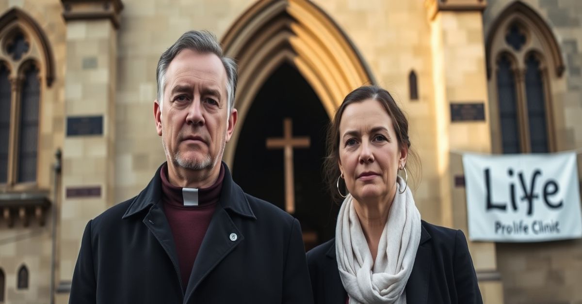 Portrait of Jack Scarisbrick and Nuala before an old English church reflecting on pro-life activism without doctrinal clarity.