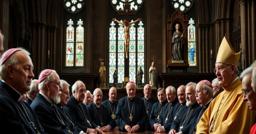 Bishops in a Scottish cathedral discussing diocesan mergers, symbolizing the post-conciliar ecclesiological collapse.