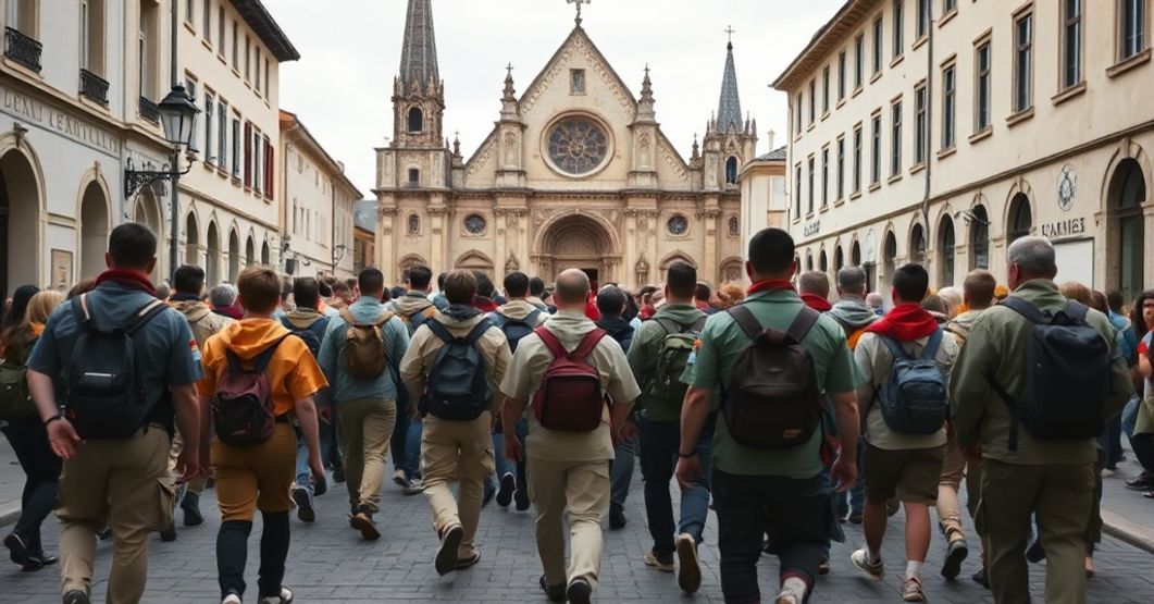 A group of European scouts walking solemnly through the streets of Vezelay, France, toward a modernist basilica, reflecting the tension between tradition and modernist deviations in Catholic pilgrimage.
