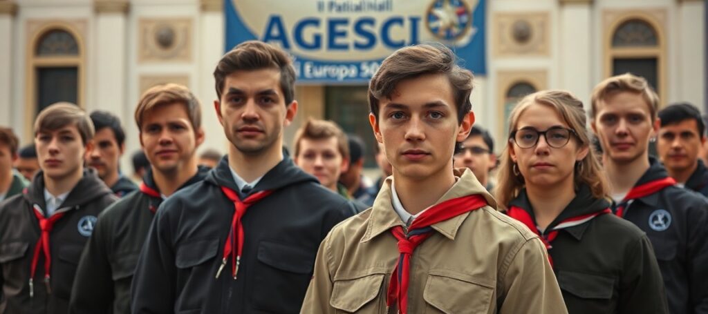 A group of Catholic Scouts and Guides standing solemnly before the Paul VI Hall in Vatican City during their 50th anniversary celebration.