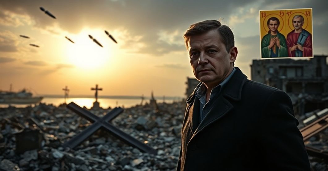 Ukrainian President Volodymyr Zelenskyy standing before war-torn Odesa port with a shattered crucifix in the foreground as Russian missiles strike. Peace talks between Putin and Blinken depicted in contrast to the suffering below.