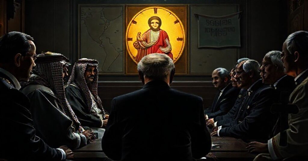 Solemn Catholic scene depicting futile secular diplomacy in Gaza with Christ's Kingship as the focus.