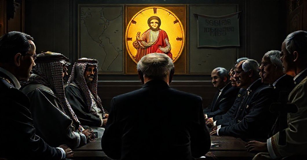 Solemn Catholic scene depicting futile secular diplomacy in Gaza with Christ's Kingship as the focus.