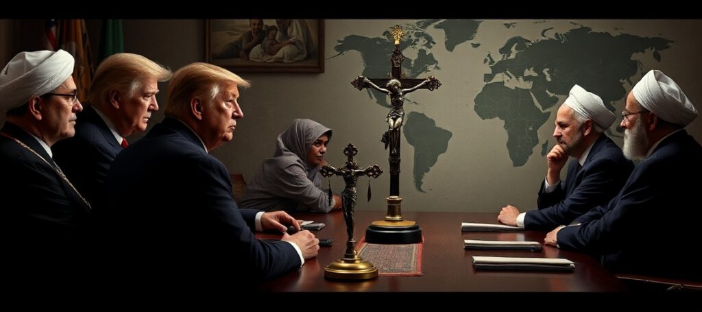 A reverent Catholic image depicting diplomatic negotiations between the U.S. and Iran with a bishop observing, highlighting the spiritual absence in secular war discussions.