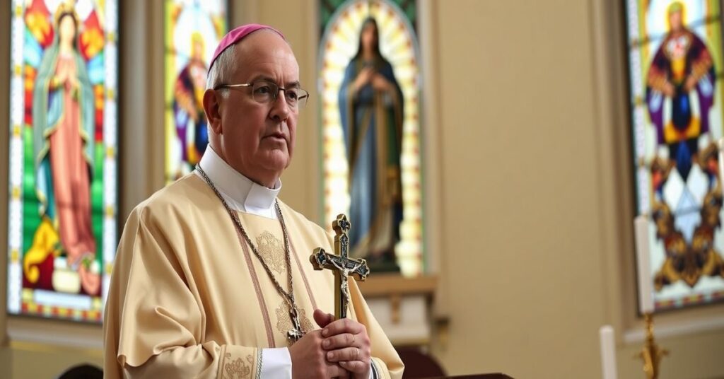 Solemn Catholic bishop in traditional vestments addresses congregation with crucifix, stained glass windows depicting Christ the King, statue of Our Lady of Guadalupe in background.