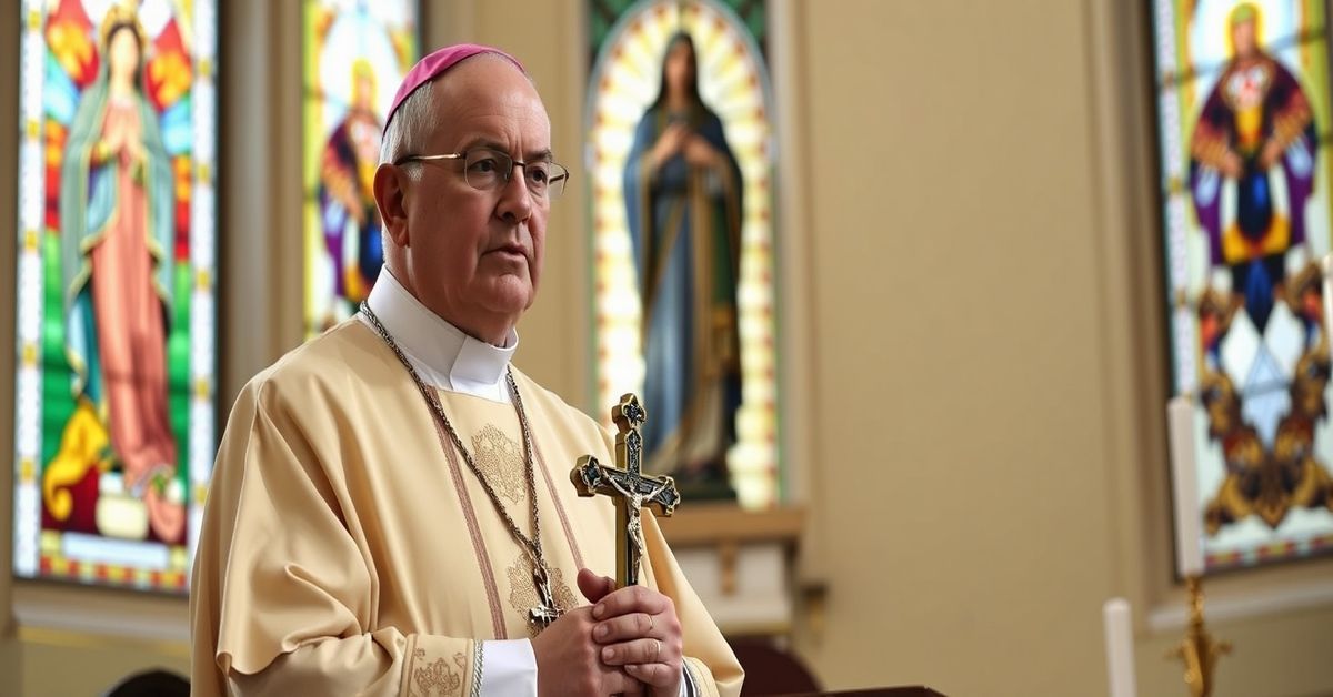 Solemn Catholic bishop in traditional vestments addresses congregation with crucifix, stained glass windows depicting Christ the King, statue of Our Lady of Guadalupe in background.
