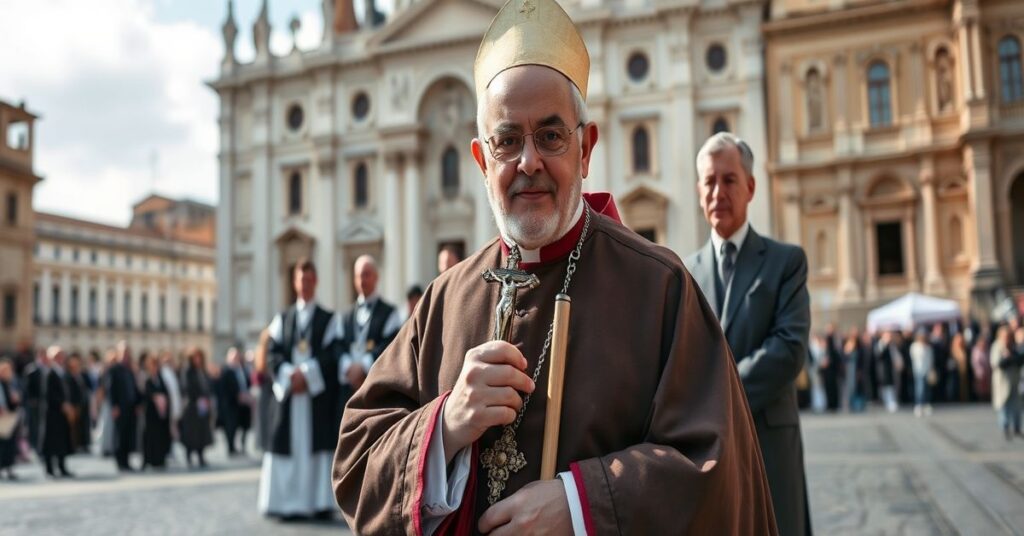 Sedevacantist bishop in traditional vestments holding a crucifix before a cathedral, contrasting with secular officials.