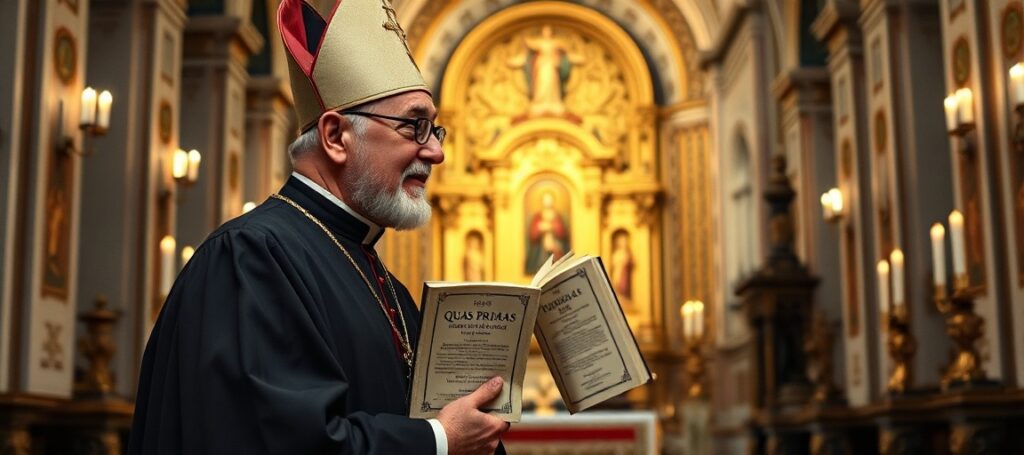 Sedevacantist Catholic bishop in traditional vestments holding a copy of 'Quas Primas' by Pope Pius XI, standing in contemplation before a historic church altar with Latin inscriptions and traditional iconography.