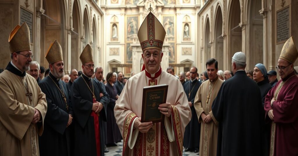 Sedevacantist bishops in traditional liturgical vestments at a cathedral, holding Quas Primas with a border checkpoint in the background.