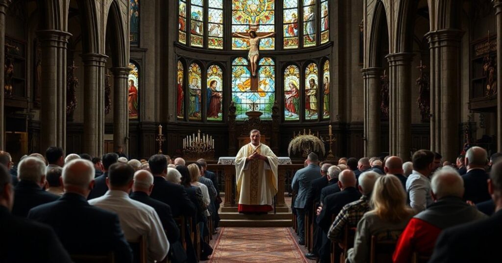 A traditional Catholic gathering in a historic church, with a sedevacantist priest delivering a sermon on the biblical Jubilee and Christ's sovereignty over economic systems.