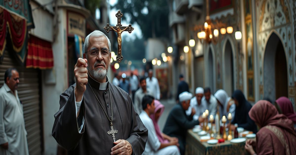 A Catholic priest in traditional vestments stands resolutely amidst an interfaith iftar gathering, symbolizing the rejection of modernist ecumenism and the affirmation of Christ's exclusive kingship.