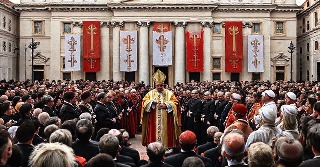 A solemn scene at St. Peter's Colonnade showing the inauguration of the San Martino Outpatient Clinic by antipope Leo XIV and Cardinal Konrad Krajewski.