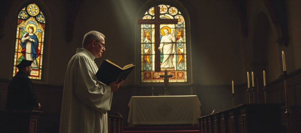 A solemn Catholic priest in traditional vestments stands before an altar, holding an encyclical while a shadowy figure represents modernist betrayal.