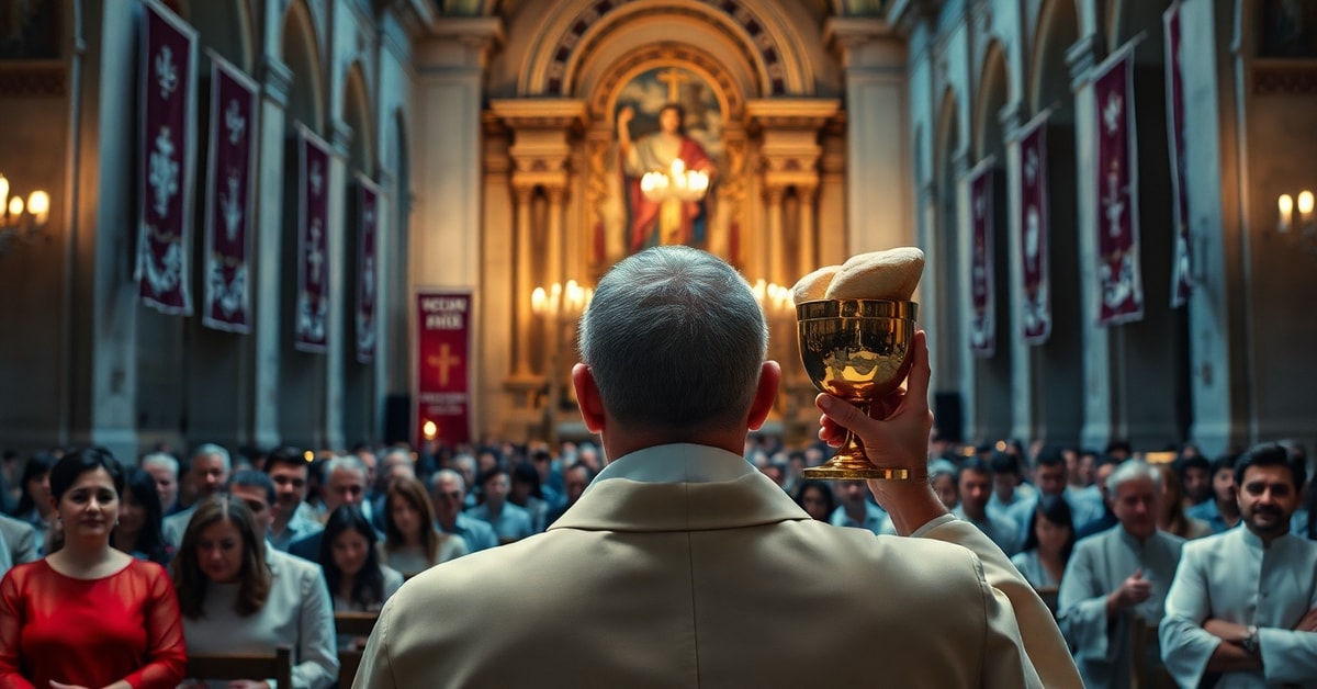 A sedevacantist critique showing Pope Leo XIV's empty Eucharistic theology in a modernist basilica, highlighting the absence of true faith and divine presence