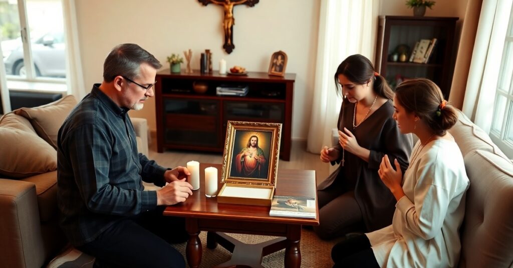 Catholic family in prayer around Sacred Heart image in modern home interior reflecting domestic enthronement devotion controversy