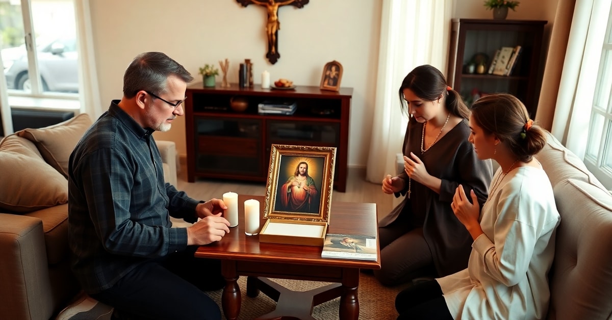 Catholic family in prayer around Sacred Heart image in modern home interior reflecting domestic enthronement devotion controversy