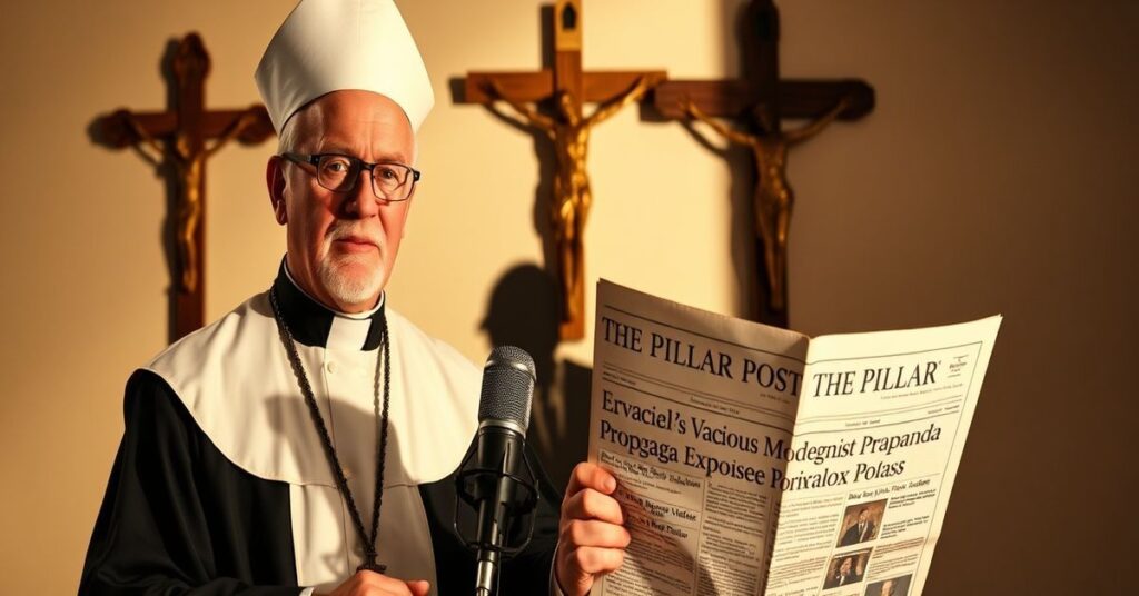 A traditional Catholic priest holding a newspaper exposing The Pillar's modernist propaganda with a crucifix in the background.